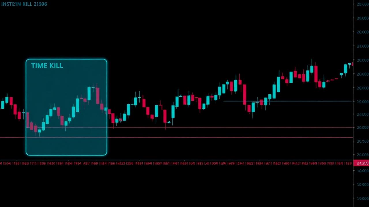 Dark trading chart with cyan glowing time-window overlays marking institutional kill zones on candlestick price action